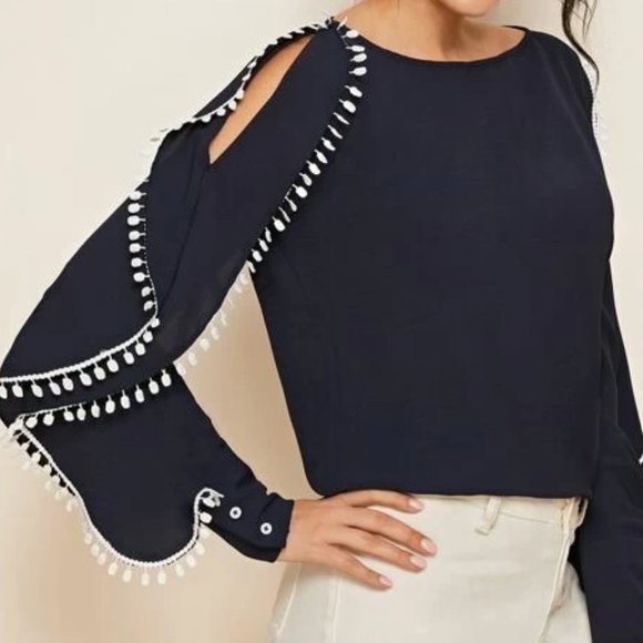 Tops - Black Lace Trim Long Sleeve Blouse in XS, M, L